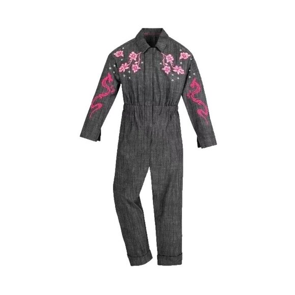 Disney Mulan Gray Denim & Pink Floral Zip Front Jumpsuit Coveralls Outfit -- 4T - Picture 2 of 10
